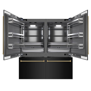 ZLINE Autograph Edition 72 in. 39.6 cu. ft. French Door Built-In Bottom Freezer Refrigerator with Water Dispensers and Ice Makers in Black Stainless Steel with Graphite Gray Interior and Polished Gold Helix Handles (GRBITZ-BS-72-KG)