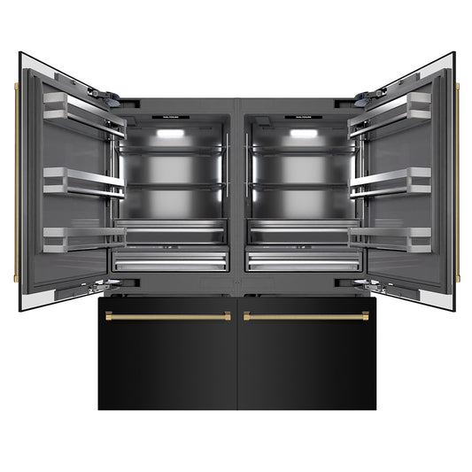 ZLINE Autograph Edition 72 in. 39.6 cu. ft. French Door Built-In Bottom Freezer Refrigerator with Water Dispensers and Ice Makers in Black Stainless Steel with Graphite Gray Interior and Polished Gold Helix Handles (GRBITZ-BS-72-KG)