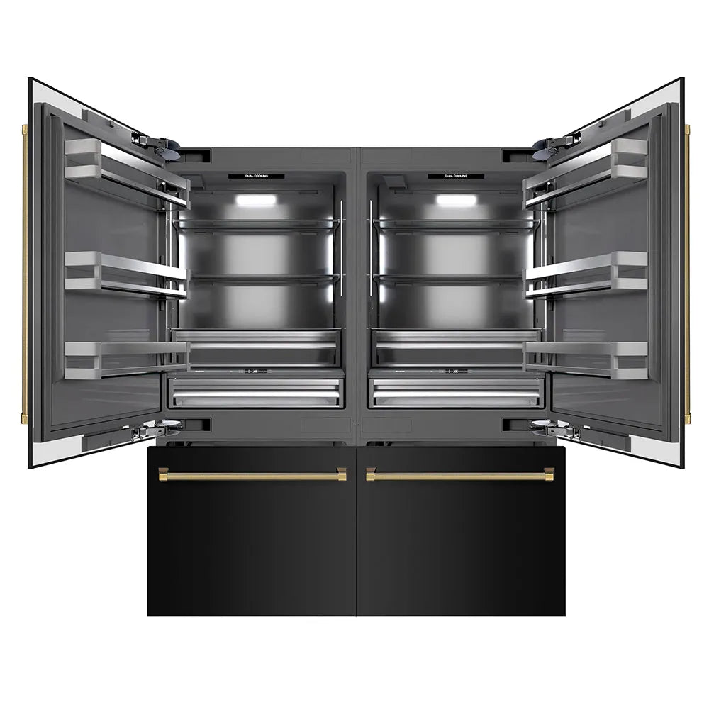 ZLINE Autograph Edition 72 in. 39.6 cu. ft. French Door Built-In Bottom Freezer Refrigerator with Water Dispensers and Ice Makers in Black Stainless Steel with Graphite Gray Interior and Polished Gold Helix Handles (GRBITZ-BS-72-KG) main image.