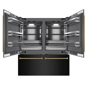 ZLINE Autograph Edition 72 in. 39.6 cu. ft. French Door Built-In Bottom Freezer Refrigerator with Water Dispensers and Ice Makers in Black Stainless Steel with Graphite Gray Interior and Polished Gold Helix Handles (GRBITZ-BS-72-KG) main image.