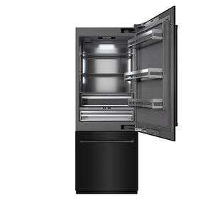 ZLINE 30 in. 16.1 cu. ft. Built-In Bottom Freezer Refrigerator with Water Dispenser and Ice Maker in Black Stainless Steel with Graphite Gray Interior (GRBIV-BS-30) front, open.