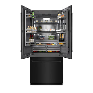 ZLINE 36 in. 19.6 cu. ft. French Door Built-In Bottom Freezer Refrigerator with Water Dispenser and Ice Maker in Black Stainless Steel with Graphite Gray Interior (GRBIV-BS-36) front, open.