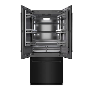 ZLINE 36 in. 19.6 cu. ft. French Door Built-In Bottom Freezer Refrigerator with Water Dispenser and Ice Maker in Black Stainless Steel with Graphite Gray Interior (GRBIV-BS-36) front, open.
