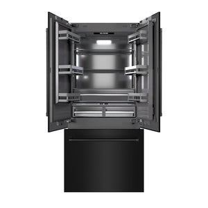 ZLINE 36 in. 19.6 cu. ft. French Door Built-In Bottom Freezer Refrigerator with Water Dispenser and Ice Maker in Black Stainless Steel with Graphite Gray Interior (GRBIV-BS-36) front, open.