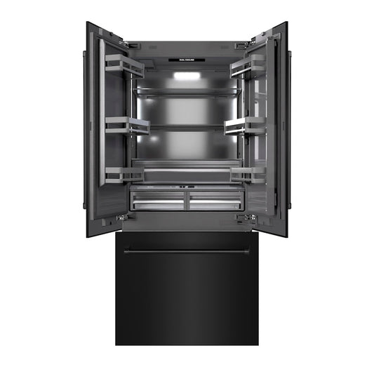 ZLINE 36 in. 19.6 cu. ft. French Door Built-In Bottom Freezer Refrigerator with Water Dispenser and Ice Maker in Black Stainless Steel with Graphite Gray Interior (GRBIV-BS-36) front, open.