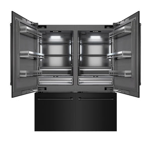 ZLINE 60 in. 32.2 cu. ft. French Door Built-In Bottom Freezer Refrigerator with Water Dispensers and Ice Makers in Black Stainless Steel with Graphite Gray Interior (GRBIV-BS-60) front, open.