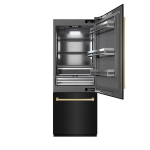 ZLINE Autograph Edition 30 in. 16.1 cu. ft. Built-In Bottom Freezer Refrigerator with Water Dispenser and Ice Maker in Black Stainless Steel with Graphite Gray Interior and Champagne Bronze Accents (GRBIVZ-BS-30-CB) front, open.