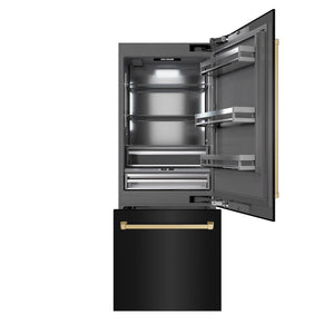 ZLINE Autograph Edition 30 in. 16.1 cu. ft. Built-In Bottom Freezer Refrigerator with Water Dispenser and Ice Maker in Black Stainless Steel with Graphite Gray Interior and Champagne Bronze Accents (GRBIVZ-BS-30-CB) front, open.