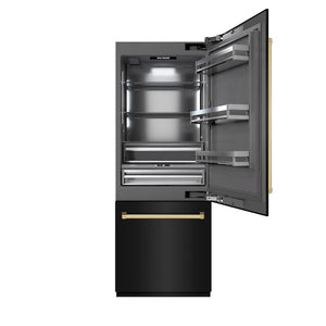 ZLINE Autograph Edition 30 in. 16.1 cu. ft. Built-In Bottom Freezer Refrigerator with Water Dispenser and Ice Maker in Black Stainless Steel with Graphite Gray Interior and Polished Gold Accents (GRBIVZ-BS-30-G) front, open.