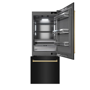 ZLINE Autograph Edition 30 in. 16.1 cu. ft. Built-In Bottom Freezer Refrigerator with Water Dispenser and Ice Maker in Black Stainless Steel with Graphite Gray Interior and Polished Gold Accents (GRBIVZ-BS-30-G) front, open.