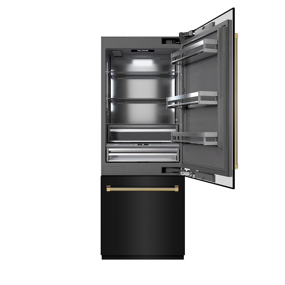 ZLINE Autograph Edition 30 in. 16.1 cu. ft. Built-In Bottom Freezer Refrigerator with Water Dispenser and Ice Maker in Black Stainless Steel with Graphite Gray Interior and Polished Gold Helix Handles (GRBIVZ-BS30KG) front, open.