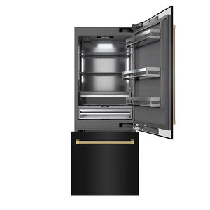 ZLINE Autograph Edition 30 in. 16.1 cu. ft. Built-In Bottom Freezer Refrigerator with Water Dispenser and Ice Maker in Black Stainless Steel with Graphite Gray Interior and Polished Gold Helix Handles (GRBIVZ-BS30KG)