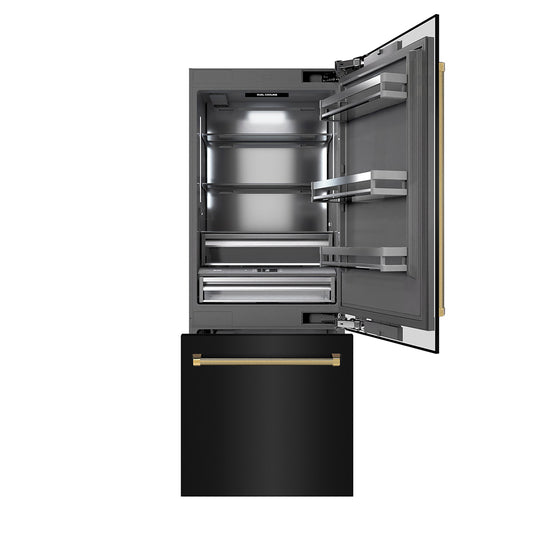 ZLINE Autograph Edition 30 in. 16.1 cu. ft. Built-In Bottom Freezer Refrigerator with Water Dispenser and Ice Maker in Black Stainless Steel with Graphite Gray Interior and Polished Gold Helix Handles (GRBIVZ-BS30KG)