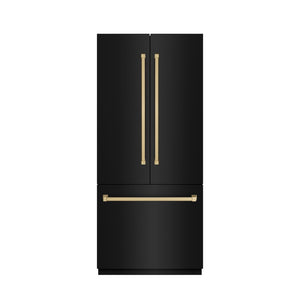 ZLINE Autograph Edition 36 in. 19.6 cu. ft. French Door Built-In Bottom Freezer Refrigerator with Water Dispenser and Ice Maker in Black Stainless Steel with Graphite Gray Interior and Champagne Bronze Accents (GRBIVZ-BS-36-CB) front, closed.