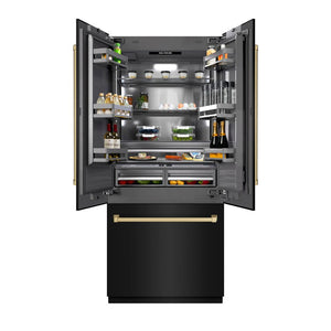 ZLINE Autograph Edition 36 in. 19.6 cu. ft. French Door Built-In Bottom Freezer Refrigerator with Water Dispenser and Ice Maker in Black Stainless Steel with Graphite Gray Interior and Champagne Bronze Accents (GRBIVZ-BS-36-CB) front, open.