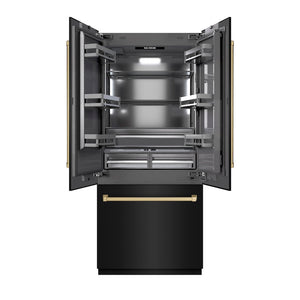ZLINE Autograph Edition 36 in. 19.6 cu. ft. French Door Built-In Bottom Freezer Refrigerator with Water Dispenser and Ice Maker in Black Stainless Steel with Graphite Gray Interior and Champagne Bronze Accents (GRBIVZ-BS-36-CB) front, open.
