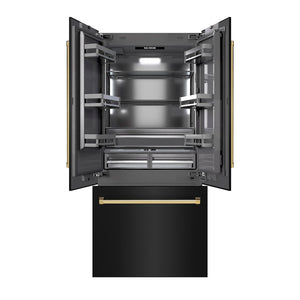 ZLINE Autograph Edition 36 in. 19.6 cu. ft. French Door Built-In Bottom Freezer Refrigerator with Water Dispenser and Ice Maker in Black Stainless Steel with Graphite Gray Interior and Polished Gold Accents (GRBIVZ-BS-36-G) front, open.