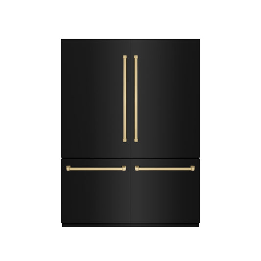 ZLINE Autograph Edition 60 in. 32.2 cu. ft. French Door Built-In Bottom Freezer Refrigerator with Water Dispenser and Ice Maker in Black Stainless Steel with Graphite Gray Interior and Champagne Bronze Accents (GRBIVZ-BS-60-CB) front, closed.