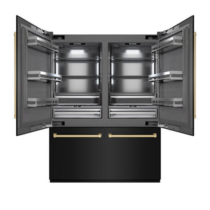 ZLINE Autograph Edition 60 in. 32.2 cu. ft. French Door Built-In Bottom Freezer Refrigerator with Water Dispenser and Ice Maker in Black Stainless Steel with Graphite Gray Interior and Champagne Bronze Accents (GRBIVZ-BS-60-CB) front, open.