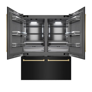 ZLINE Autograph Edition 60 in. 32.2 cu. ft. French Door Built-In Bottom Freezer Refrigerator with Water Dispenser and Ice Maker in Black Stainless Steel with Graphite Gray Interior and Champagne Bronze Accents (GRBIVZ-BS-60-CB) front, open.