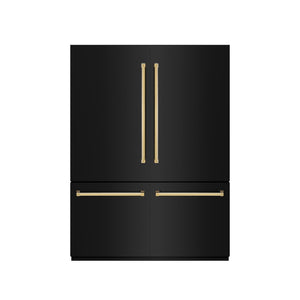 ZLINE Autograph Edition 60 in. 32.2 cu. ft. French Door Built-In Bottom Freezer Refrigerator with Water Dispenser and Ice Maker in Black Stainless Steel with Graphite Gray Interior and Polished Gold Accents (GRBIVZ-BS-60-G) front, closed.