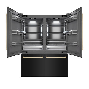 ZLINE Autograph Edition 60 in. 32.2 cu. ft. French Door Built-In Bottom Freezer Refrigerator with Water Dispenser and Ice Maker in Black Stainless Steel with Graphite Gray Interior and Polished Gold Accents (GRBIVZ-BS-60-G) front, open.
