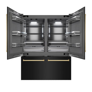 ZLINE Autograph Edition 60 in. 32.2 cu. ft. French Door Built-In Bottom Freezer Refrigerator with Water Dispenser and Ice Maker in Black Stainless Steel with Graphite Gray Interior and Polished Gold Accents (GRBIVZ-BS-60-G) front, open.