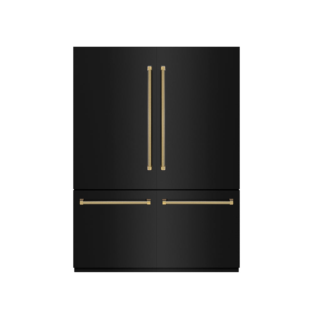 ZLINE Autograph Edition 60 in. 32.2 cu. ft. French Door Built-In Bottom Freezer Refrigerator with Water Dispenser and Ice Maker in Black Stainless Steel with Graphite Gray Interior and Polished Gold Helix Handles (GRBIVZ-BS60KG) front, closed.