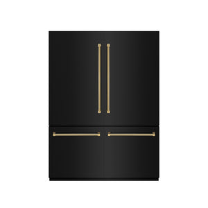 ZLINE Autograph Edition 60 in. 32.2 cu. ft. French Door Built-In Bottom Freezer Refrigerator with Water Dispenser and Ice Maker in Black Stainless Steel with Graphite Gray Interior and Polished Gold Helix Handles (GRBIVZ-BS60KG) front, closed.