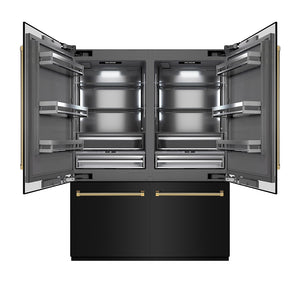 ZLINE Autograph Edition 60 in. 32.2 cu. ft. French Door Built-In Bottom Freezer Refrigerator with Water Dispenser and Ice Maker in Black Stainless Steel with Graphite Gray Interior and Polished Gold Helix Handles (GRBIVZ-BS60KG) front, open.