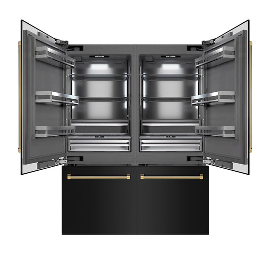 ZLINE Autograph Edition 60 in. 32.2 cu. ft. French Door Built-In Bottom Freezer Refrigerator with Water Dispenser and Ice Maker in Black Stainless Steel with Graphite Gray Interior and Polished Gold Helix Handles (GRBIVZ-BS60KG)