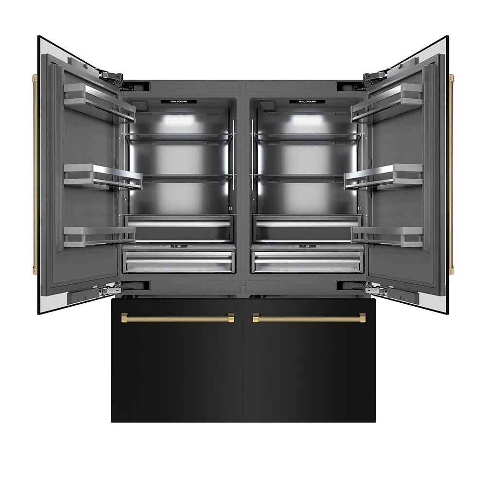 ZLINE Autograph Edition 60 in. 32.2 cu. ft. French Door Built-In Bottom Freezer Refrigerator with Water Dispenser and Ice Maker in Black Stainless Steel with Graphite Gray Interior and Polished Gold Helix Handles (GRBIVZ-BS60KG) main image.