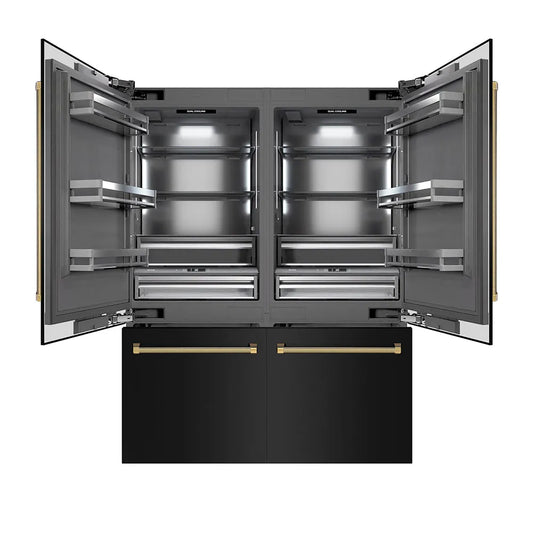ZLINE Autograph Edition 60 in. 32.2 cu. ft. French Door Built-In Bottom Freezer Refrigerator with Water Dispenser and Ice Maker in Black Stainless Steel with Graphite Gray Interior and Polished Gold Helix Handles (GRBIVZ-BS60KG) main image.