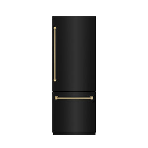 ZLINE Autograph Edition 30 in. 16.1 cu. ft. Built-In Bottom Freezer Refrigerator with Water Dispenser and Ice Maker in Black Stainless Steel with Graphite Gray Interior and Champagne Bronze Helix Handles (GRBIVZ-BS30KCB) front, closed.