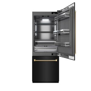 ZLINE Autograph Edition 30 in. 16.1 cu. ft. Built-In Bottom Freezer Refrigerator with Water Dispenser and Ice Maker in Black Stainless Steel with Graphite Gray Interior and Champagne Bronze Helix Handles (GRBIVZ-BS30KCB) front, open.