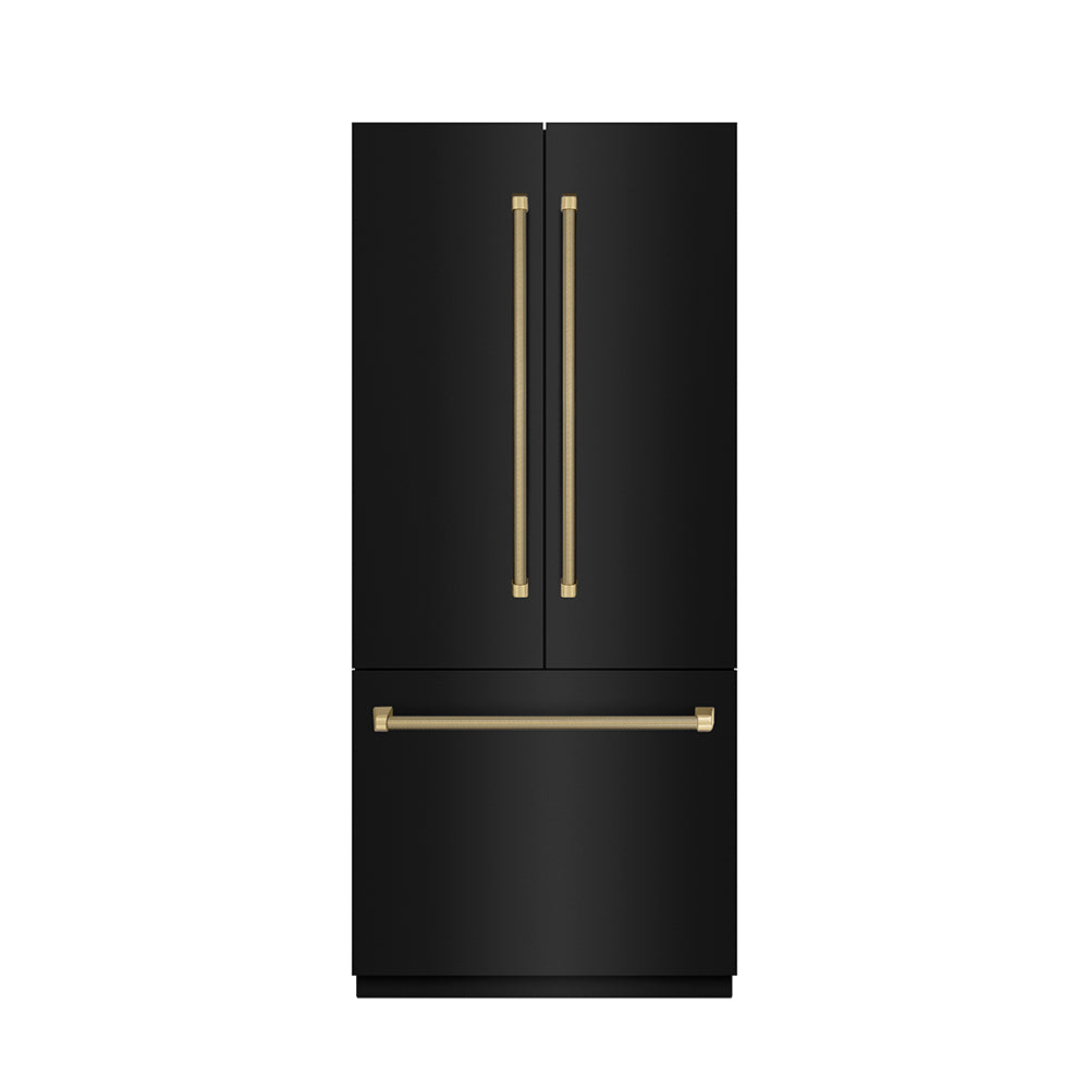ZLINE Autograph Edition 36 in. 19.6 cu. ft. French Door Built-In Bottom Freezer Refrigerator with Water Dispenser and Ice Maker in Black Stainless Steel with Graphite Gray Interior and Champagne Bronze Helix Handles (GRBIVZ-BS36KCB) front, closed.