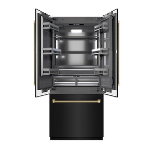 ZLINE Autograph Edition 36 in. 19.6 cu. ft. French Door Built-In Bottom Freezer Refrigerator with Water Dispenser and Ice Maker in Black Stainless Steel with Graphite Gray Interior and Champagne Bronze Helix Handles (GRBIVZ-BS36KCB)