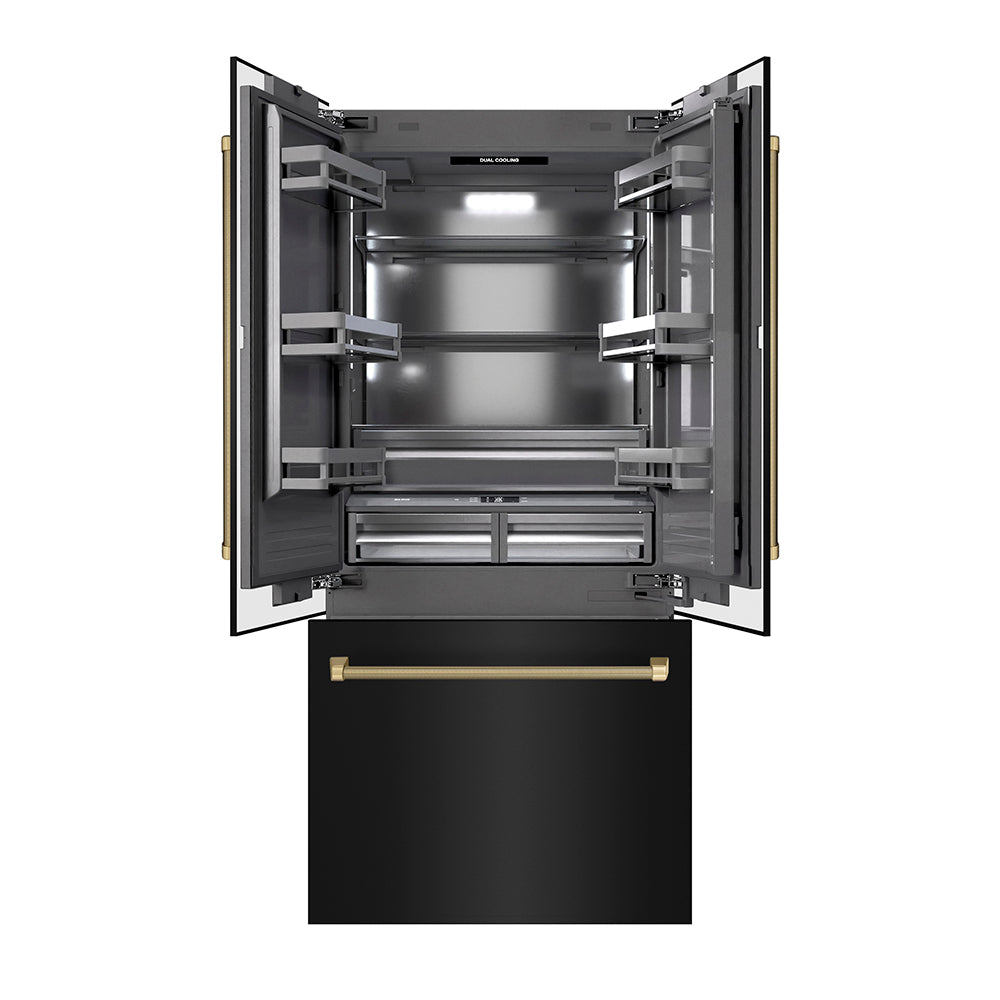 ZLINE Autograph Edition 36 in. 19.6 cu. ft. French Door Built-In Bottom Freezer Refrigerator with Water Dispenser and Ice Maker in Black Stainless Steel with Graphite Gray Interior and Champagne Bronze Helix Handles (GRBIVZ-BS36KCB) front, refrigeration compartment and bottom freezer drawer open.