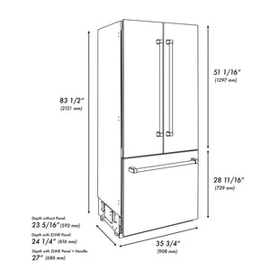 ZLINE Autograph Edition 36 in. 19.6 cu. ft. French Door Built-In Bottom Freezer Refrigerator with Water Dispenser and Ice Maker in Black Stainless Steel with Graphite Gray Interior and Polished Gold Helix Handles (GRBIVZ-BS36KG) dimensional diagram.