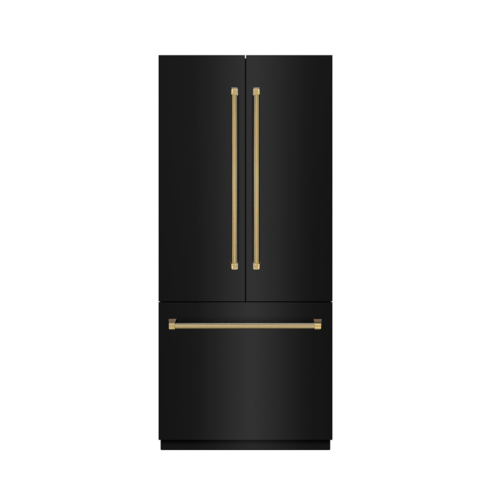 ZLINE Autograph Edition 36 in. 19.6 cu. ft. French Door Built-In Bottom Freezer Refrigerator with Water Dispenser and Ice Maker in Black Stainless Steel with Graphite Gray Interior and Polished Gold Helix Handles (GRBIVZ-BS36KG) front, closed.