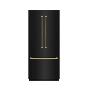 ZLINE Autograph Edition 36 in. 19.6 cu. ft. French Door Built-In Bottom Freezer Refrigerator with Water Dispenser and Ice Maker in Black Stainless Steel with Graphite Gray Interior and Polished Gold Helix Handles (GRBIVZ-BS36KG) front, closed.