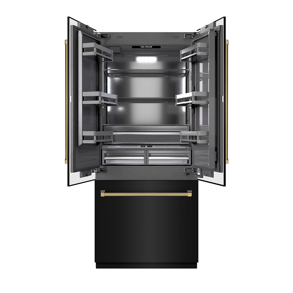 ZLINE Autograph Edition 36 in. 19.6 cu. ft. French Door Built-In Bottom Freezer Refrigerator with Water Dispenser and Ice Maker in Black Stainless Steel with Graphite Gray Interior and Polished Gold Helix Handles (GRBIVZ-BS36KG)