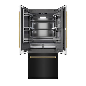 ZLINE Autograph Edition 36 in. 19.6 cu. ft. French Door Built-In Bottom Freezer Refrigerator with Water Dispenser and Ice Maker in Black Stainless Steel with Graphite Gray Interior and Polished Gold Helix Handles (GRBIVZ-BS36KG)