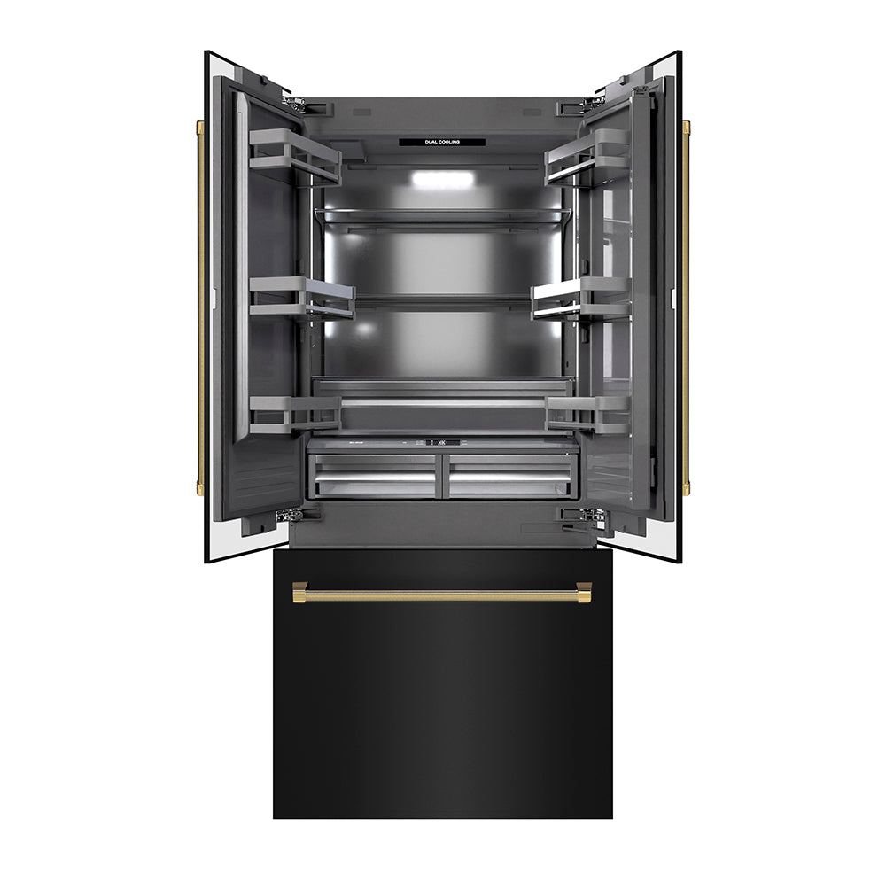 ZLINE Autograph Edition 36 in. 19.6 cu. ft. French Door Built-In Bottom Freezer Refrigerator with Water Dispenser and Ice Maker in Black Stainless Steel with Graphite Gray Interior and Polished Gold Helix Handles (GRBIVZ-BS36KG) front, refrigeration compartment and bottom freezer drawer open.