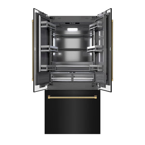 ZLINE Autograph Edition 36 in. 19.6 cu. ft. French Door Built-In Bottom Freezer Refrigerator with Water Dispenser and Ice Maker in Black Stainless Steel with Graphite Gray Interior and Polished Gold Helix Handles (GRBIVZ-BS36KG) front, refrigeration compartment and bottom freezer drawer open.