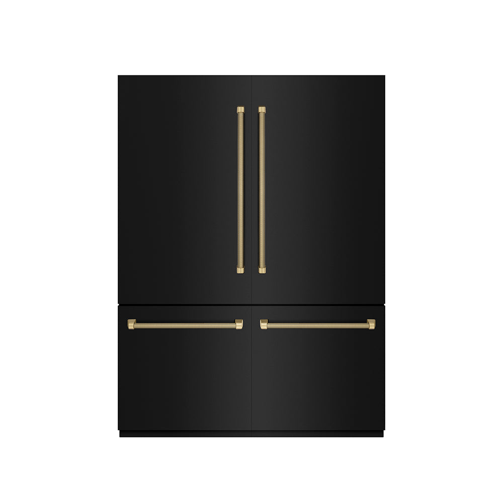 ZLINE Autograph Edition 60 in. 32.2 cu. ft. French Door Built-In Bottom Freezer Refrigerator with Water Dispenser and Ice Maker in Black Stainless Steel with Graphite Gray Interior and Champagne Bronze Helix Handles (GRBIVZ-BS60KCB) front, closed.