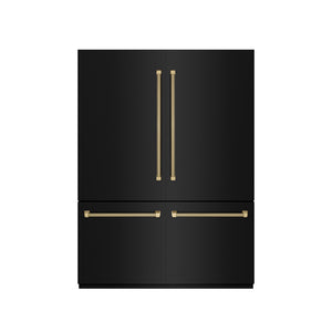 ZLINE Autograph Edition 60 in. 32.2 cu. ft. French Door Built-In Bottom Freezer Refrigerator with Water Dispenser and Ice Maker in Black Stainless Steel with Graphite Gray Interior and Champagne Bronze Helix Handles (GRBIVZ-BS60KCB) front, closed.