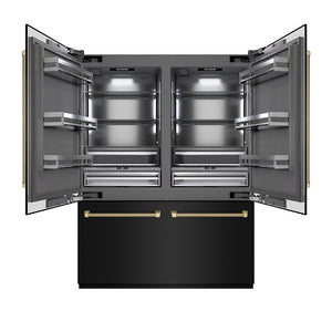 ZLINE Autograph Edition 60 in. 32.2 cu. ft. French Door Built-In Bottom Freezer Refrigerator with Water Dispenser and Ice Maker in Black Stainless Steel with Graphite Gray Interior and Champagne Bronze Helix Handles (GRBIVZ-BS60KCB) front, open.