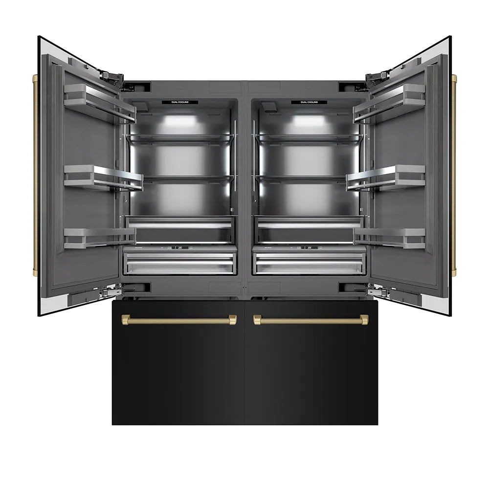 ZLINE Autograph Edition 60 in. 32.2 cu. ft. French Door Built-In Bottom Freezer Refrigerator with Water Dispenser and Ice Maker in Black Stainless Steel with Graphite Gray Interior and Champagne Bronze Helix Handles (GRBIVZ-BS60KCB) main image.