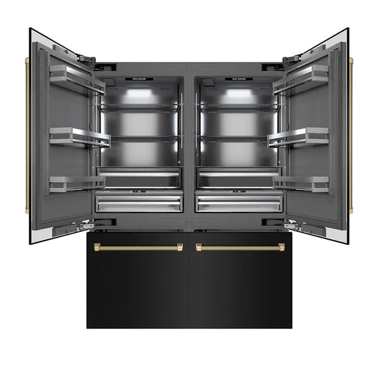 ZLINE Autograph Edition 60 in. 32.2 cu. ft. French Door Built-In Bottom Freezer Refrigerator with Water Dispenser and Ice Maker in Black Stainless Steel with Graphite Gray Interior and Champagne Bronze Helix Handles (GRBIVZ-BS60KCB) main image.